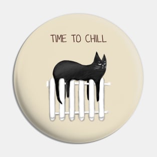 Cartoon funny black cat and the inscription "Time to chill". Pin