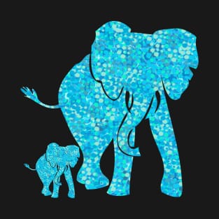 Beautiful Aqua Blue Mother and Baby Elephant. A cute Mother and Baby elephant design in an aqua blue speckled pattern. Includes light and dark shades of aqua, aquamarine and turquoise blue. T-Shirt