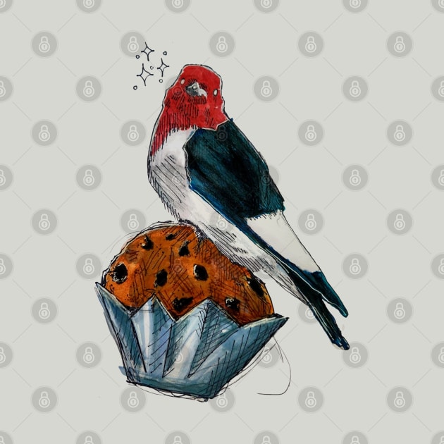 Bakery Birds: Red Headed Woodpecker on Chocolate Chip Muffin by Animal Surrealism