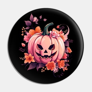 Whimsical Halloween pink Pumpkin, Pink Pumpkin face, with floral and orange flowers, cute Halloween Pin