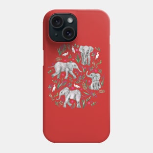 Baby Elephants and Egrets in Watercolor - burgundy red Phone Case