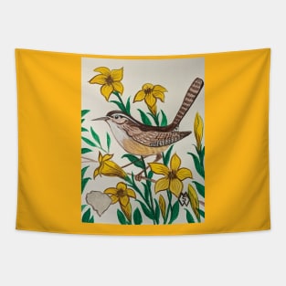 South Carolina state bird and flower, the Carolina wren and yellow jessamine Tapestry