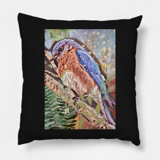 Cute perched blue and brown little bird. Pillow