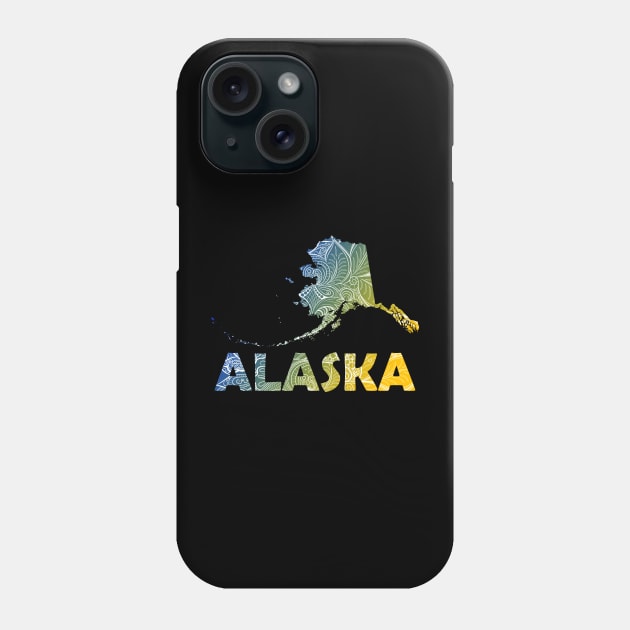 Colorful mandala art map Alaska with text in blue and yellow Phone Case by Happy Citizen