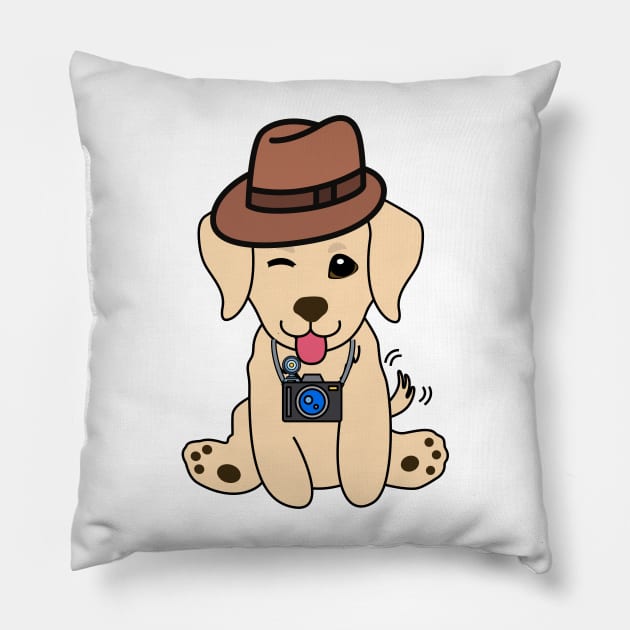 Funny golden retriever is holding a camera Pillow by Pet Station