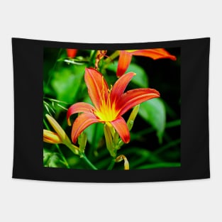 Lily Macro - Red/Orange Flower With Green Foliage Background Tapestry