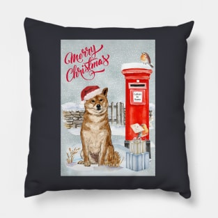 Shiba Inu Merry Christmas Santa Dog Holiday Greeting Pillow