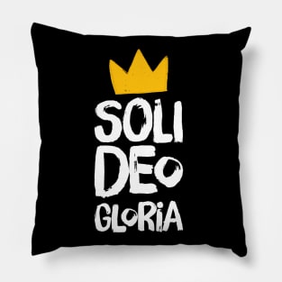 Soli Deo Gloria (All the Glory to God) distressed white text and yellow crown Pillow