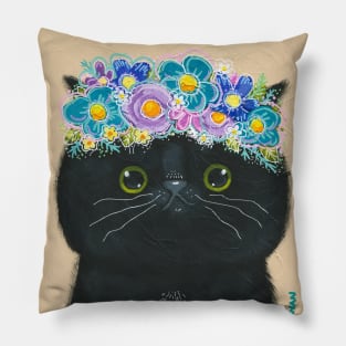 Black Cat With Flower Crown Pillow