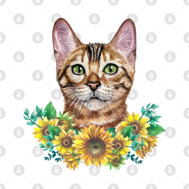Cute Tabby Cat with Sunflowers Watercolor Art by AdrianaHolmesArt