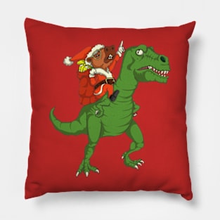 Santa Capybara Riding Dinosaur T Rex Pillow