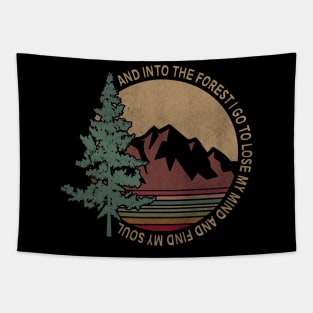 Into The Forest I Go To Find My Soul - Retro Vintage Tree and Mountain Illustration Tapestry