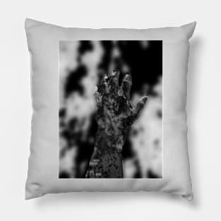 Digital collage and special processing. Psychedelic. Hand reaching on top of some bizarre surface. Grayscale, very beautiful. Pillow