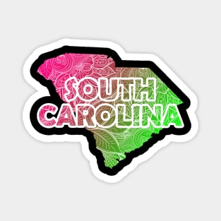 Colorful mandala art map of South Carolina with text in pink and green Magnet