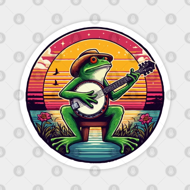 Frog Playing Banjo, Retro Sunset Magnet by MoDesigns22 