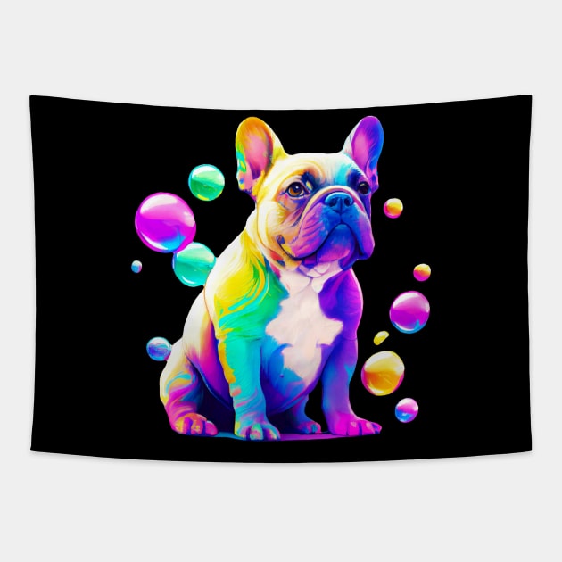 French Bulldog Colorful Art Bubbles Painting Tapestry by qminati