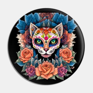 Sugar Skull Art featuring a mesmerizing Flower Skull Cat Pin