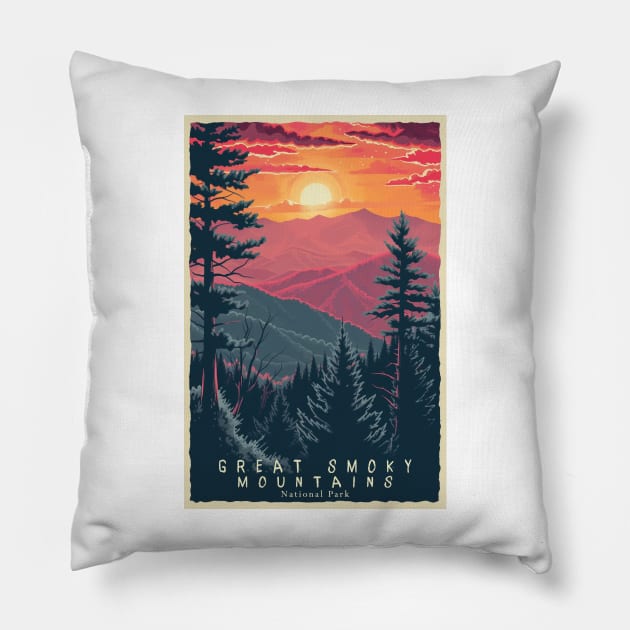 Great Smoky Mountains national park travel poster Pillow by GreenMary Design