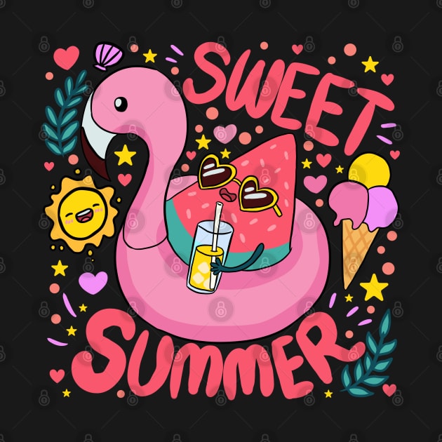 Sweet Summer a fun and colourful Summer time design a cute watermelon wearing sunglasses on a flamingo floaty by Yarafantasyart