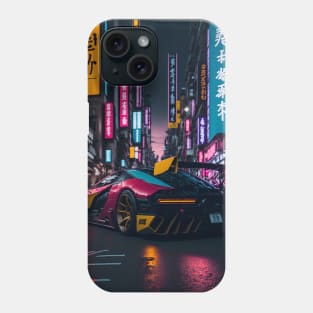 Dark Neon Sports Car in Japanese Neon City Phone Case