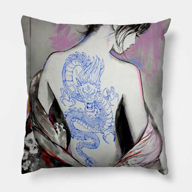 Dragon blue Pillow by Loui Jover 