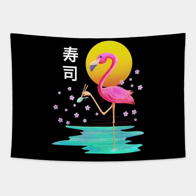 Flamingo Eating Sushi Vaporwave Aesthetic Japanese Kanji Art Tapestry by Vaporwave