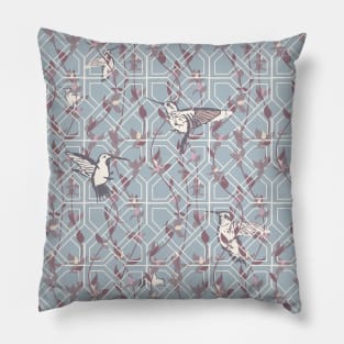 Hummingbirds on Trellis - Blue Pillow