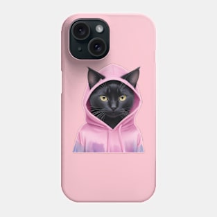 Black cat wearing pink hoodies Phone Case