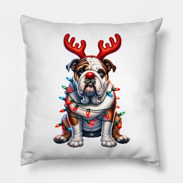 Christmas Red Nose Bulldog Pillow by Chromatic Fusion Studio