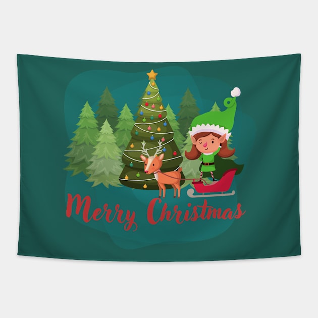 Merry Christmas, elf and reindeer Tapestry by Paciana Peroni