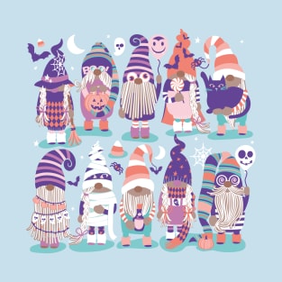 Boo-tiful gnomes // aqua background fun little creatures dressed for halloween in pastel colors lilac pink mint aqua purple salmon T-Shirt