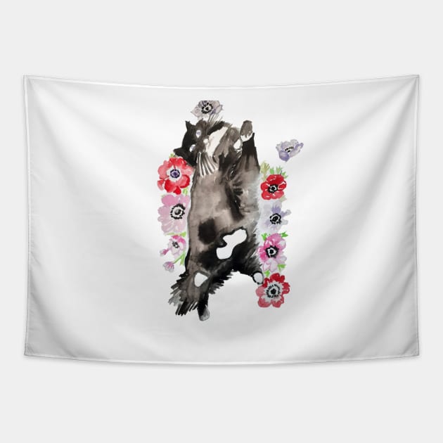 Black and White Cat with Flowers Tapestry by SarahRajkotwala