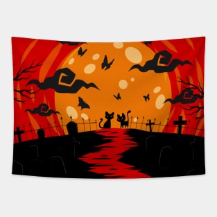 Harmony in Orange: Moon and Zombies Cat Tapestry