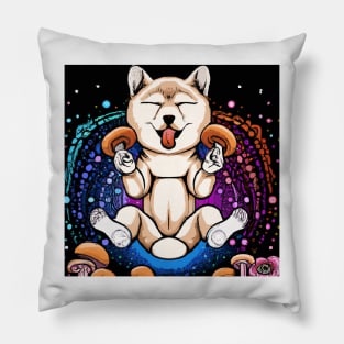 Psychedelic Shibu Inu Eating Shrooms Floating In Space Pillow