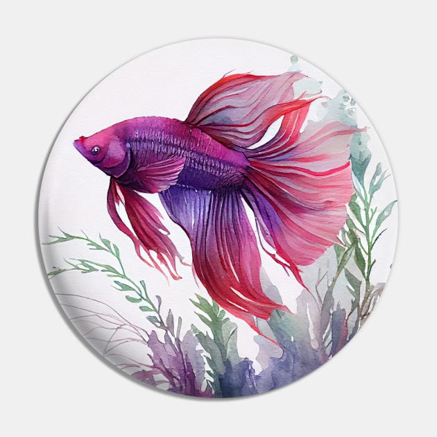 Purple and Red Betta Fish Watercolor - Purple Betta Fish - Pin