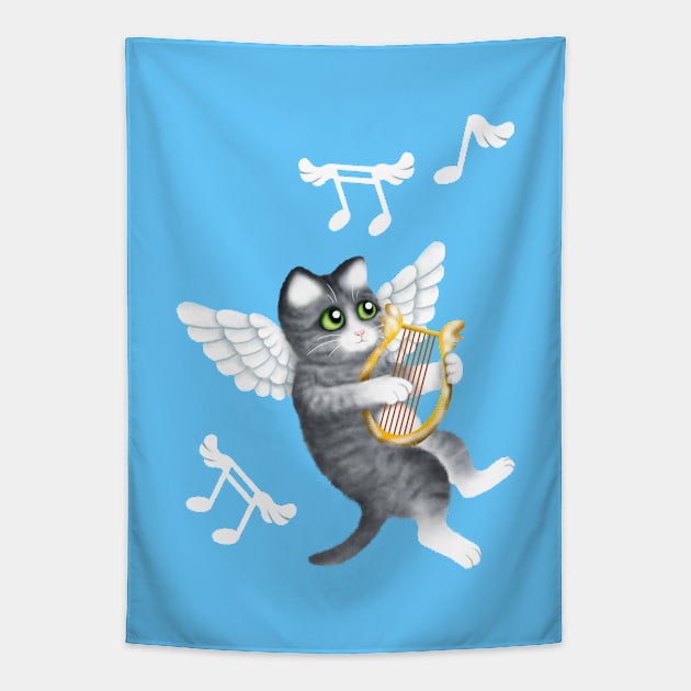 Grey Cherub Kitten Playing a Lyre Tapestry by illucalliart