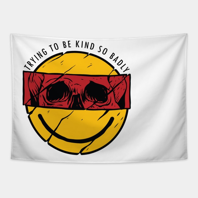 Be Kind Funny Yellow Smiley Vintage Face with Skull white shirt Tapestry by A Comic Wizard