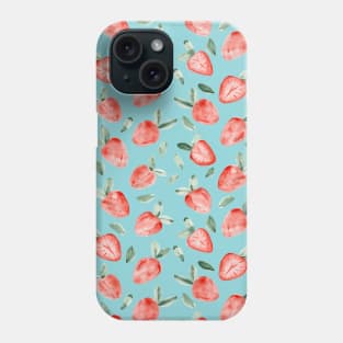 Watercolor painting of tropical strawberries on turquoise background Phone Case