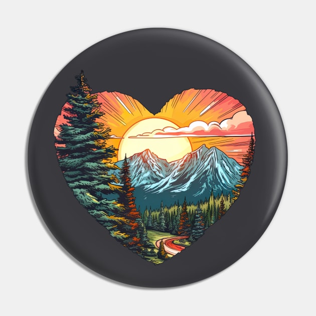 Mountain Scene Watercolor Heart-shaped Pin by Wild Tees USA