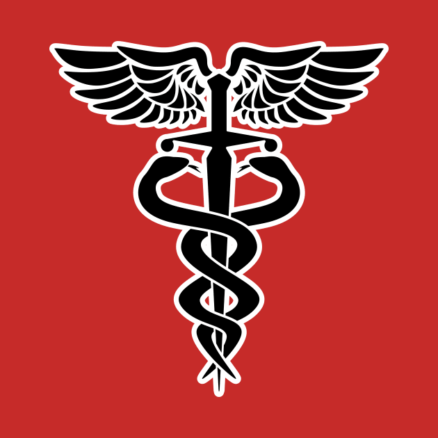Caduceus medical symbol with two snakes sword and wings by hobrath