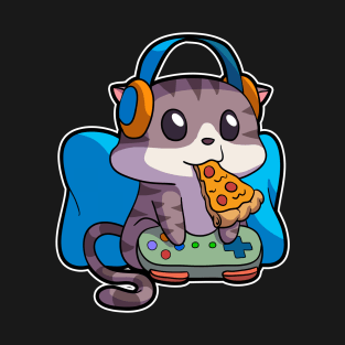 Nerdy Gamer Cat Eating Pizza Cat Lover Gamer Boy Gamer Girl T-Shirt