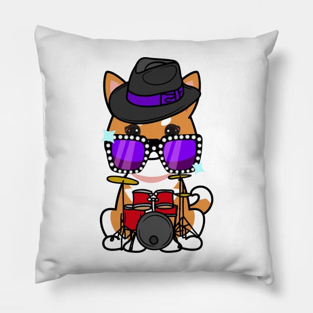 Funny orange dog is playing the drums Pillow by Pet Station