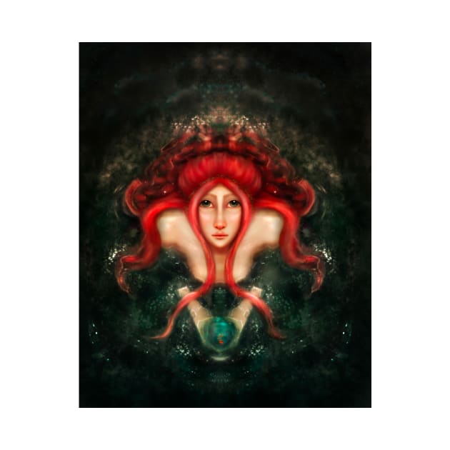 Red Hair Little Mermaid In the Ocean Holding Gold Fish by penandbea