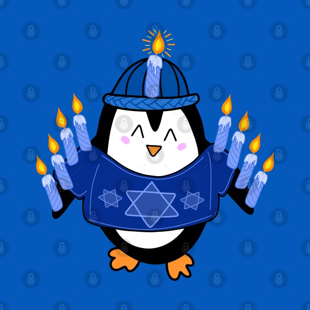 Cute Hanukkah Penguin Dressed as a Menorah on a Blue Backdrop, made by EndlessEmporium by EndlessEmporium