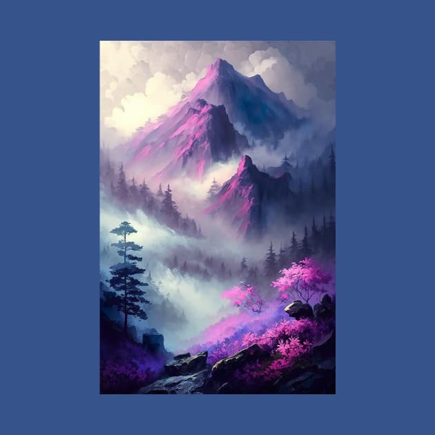 Mountain landscape in psychedelic shades of lavender and purple -2 by UmagineArts