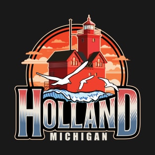 Holland Michigan with Red Lighthouse Big Wave and Seagulls T-Shirt