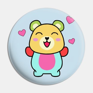 Happy smiling baby teddy bear with love hearts. Kawaii cartoon Pin