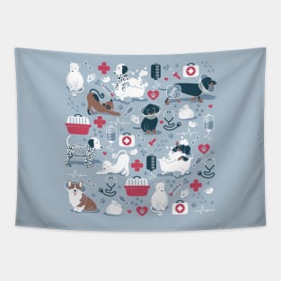 Veterinary medicine, happy and healthy friends // pastel blue background red details navy blue white and brown cats dogs and other animals Tapestry