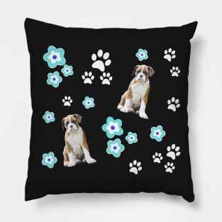 Fawn Boxer Puppy, on Pink with Flowers Pillow