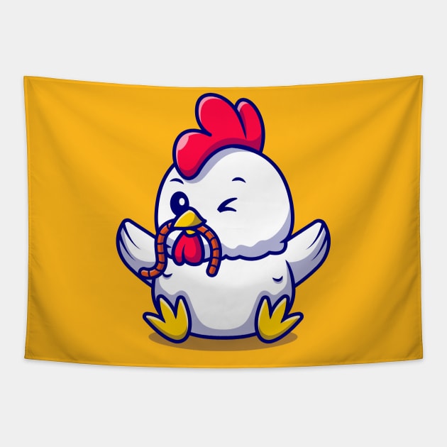 Cute Rooster Chicken Eating Worm Cartoon Vector Icon Illustration Tapestry by Catalyst Labs